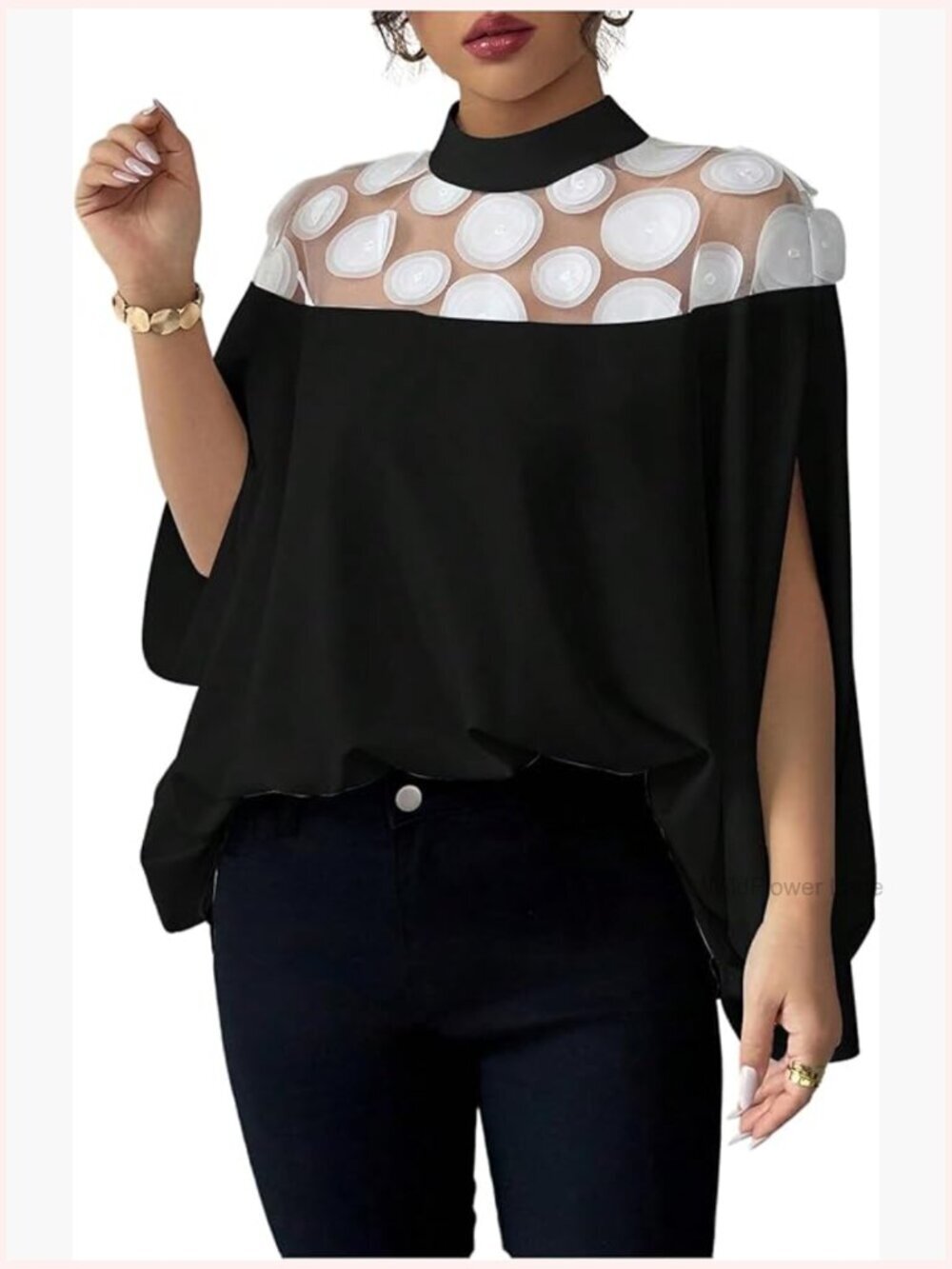 Sheer Mesh 3/4 Sleeve Mock Neck Ruffle Blouse Loose Fit